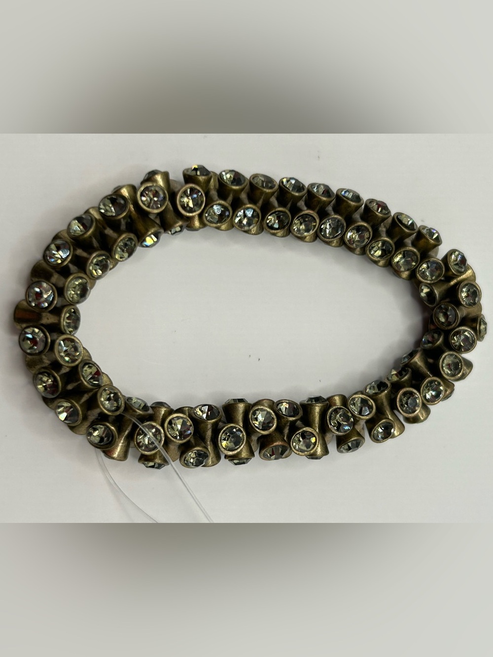 Antique Brass Crystal Stretch Bracelet - Clear Rhinestones